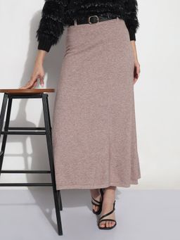 SHOWOFF - Brown Knitted A-Line Midi Skirt with Belt