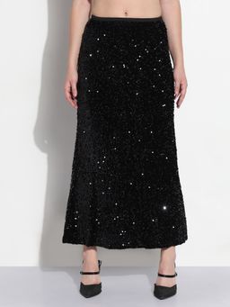 SHOWOFF - Black Sequin Embellished A-Line Midi Skirt