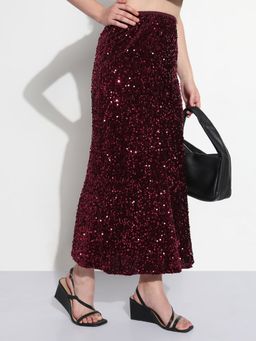 SHOWOFF - Maroon Sequin Embellished A-Line Midi Skirt