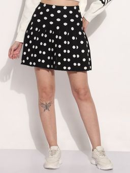 SHOWOFF - Polka Dots Printed Knitted Flared Mini Skirt
