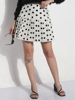 SHOWOFF - Polka Dots Printed Knitted Flared Mini Skirt