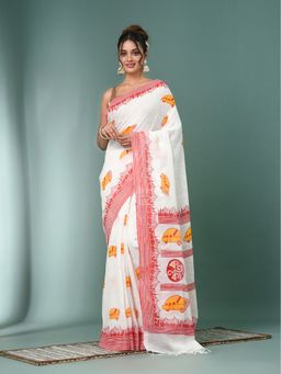 CHARUKRITI - Off White Printed Cotton Handspan Saree with Unstitched Blouse