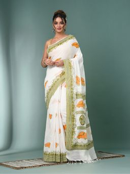CHARUKRITI - Off White Printed Cotton Handspan Saree with Unstitched Blouse