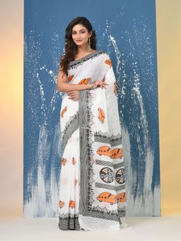 CHARUKRITI - White Printed Cotton Handspan Saree with Unstitched Blouse