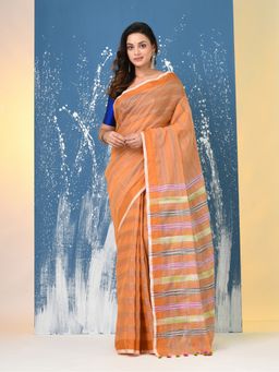 CHARUKRITI - Orange Stripes Cotton Handspan Saree with Unstitched Blouse
