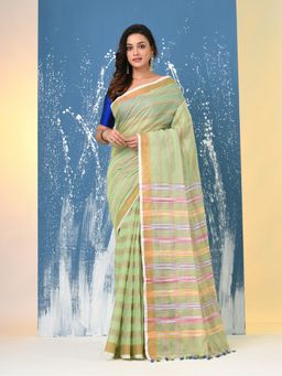 CHARUKRITI - Green Stripes Cotton Handspan Saree with Unstitched Blouse