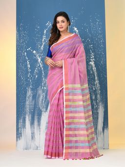 CHARUKRITI - Pink Stripes Cotton Handspan Saree with Unstitched Blouse