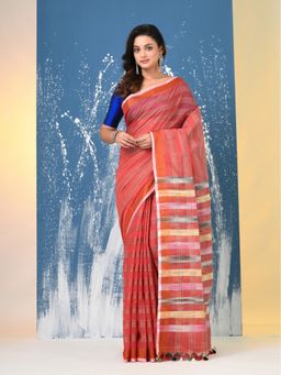 CHARUKRITI - Red Stripes Cotton Handspan Saree with Unstitched Blouse