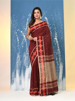 CHARUKRITI - Red Ethnic Motifs Cotton Handspan Saree with Unstitched Blouse
