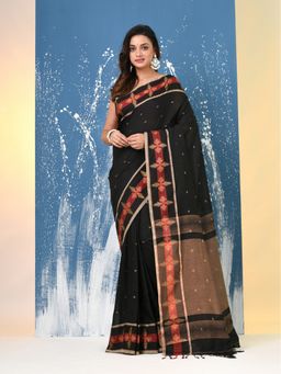 CHARUKRITI - Black Ethnic Motifs Cotton Handspan Saree with Unstitched Blouse