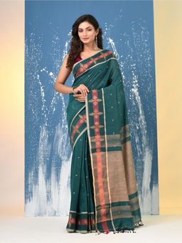 CHARUKRITI - Teal Ethnic Motifs Cotton Handspan Saree with Unstitched Blouse