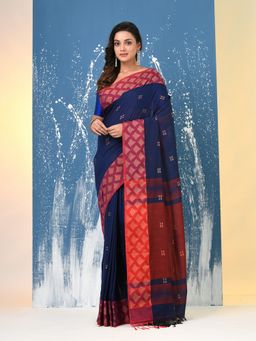 CHARUKRITI - Navy Blue Geometric Motifs Cotton Handspan Saree with Unstitched Blouse