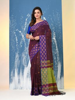 CHARUKRITI - Purple Geometric Motifs Cotton Handspan Saree with Unstitched Blouse