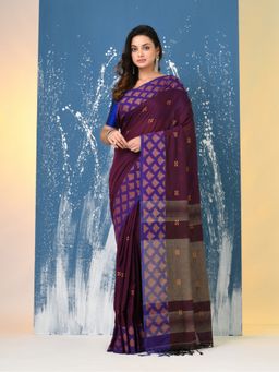 CHARUKRITI - Purple Geometric Motifs Cotton Handspan Saree with Unstitched Blouse