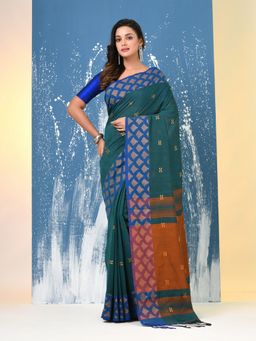 CHARUKRITI - Teal Geometric Motifs Cotton Handspan Saree with Unstitched Blouse