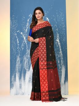 CHARUKRITI - Black Geometric Motifs Cotton Handspan Saree with Unstitched Blouse