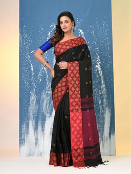 CHARUKRITI - Black Geometric Motifs Cotton Handspan Saree with Unstitched Blouse