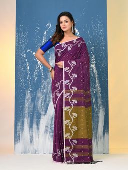 CHARUKRITI - Violet Geometric Motifs Cotton Handspan Saree with Unstitched Blouse