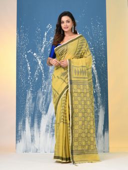 CHARUKRITI - Yellow Texture Pattern Cotton Handspan Saree with Unstitched Blouse