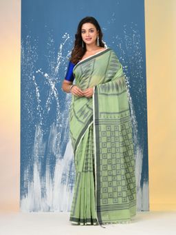 CHARUKRITI - Light Green Texture Pattern Cotton Handspan Saree with Unstitched Blouse