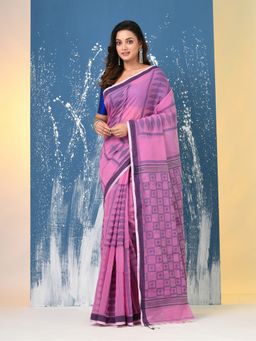 CHARUKRITI - Pink Texture Pattern Cotton Handspan Saree with Unstitched Blouse