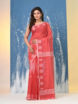 CHARUKRITI - Red Printed Cotton Handspan Saree with Unstitched Blouse
