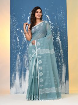 CHARUKRITI - Aqua Blue Printed Cotton Handspan Saree with Unstitched Blouse