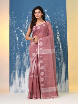 CHARUKRITI - Nude Pink Printed Cotton Handspan Saree with Unstitched Blouse