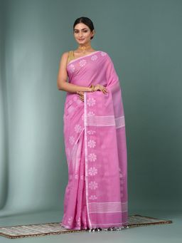 CHARUKRITI - Pink Printed Cotton Handspan Saree with Unstitched Blouse
