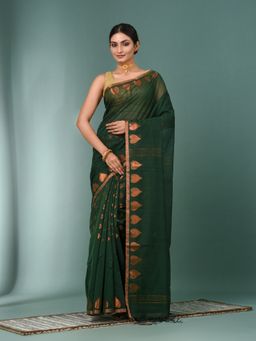 CHARUKRITI - Green Heart Motifs Cotton Handspan Saree with Unstitched Blouse