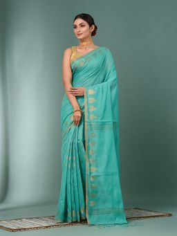 CHARUKRITI - Sea Green Heart Motifs Cotton Handspan Saree with Unstitched Blouse