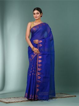 CHARUKRITI - Blue Heart Motifs Cotton Handspan Saree with Unstitched Blouse