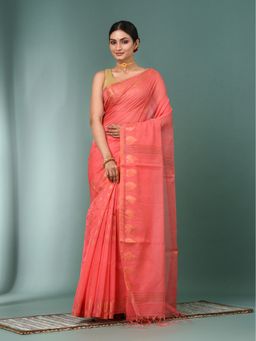 CHARUKRITI - Coral Pink Heart Motifs Cotton Handspan Saree with Unstitched Blouse