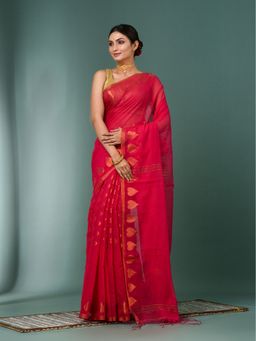CHARUKRITI - Pink Heart Motifs Cotton Handspan Saree with Unstitched Blouse