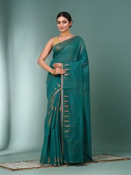 CHARUKRITI - Teal Geometric Motifs Cotton Handspan Saree with Unstitched Blouse