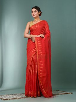 CHARUKRITI - Red Geometric Motifs Cotton Handspan Saree with Unstitched Blouse