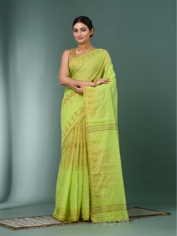 CHARUKRITI - Green Geometric Motifs Cotton Handspan Saree with Unstitched Blouse