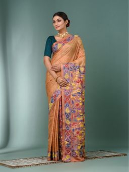 CHARUKRITI - Peach Kantha Stitch Silk Saree with Unstitched Blouse