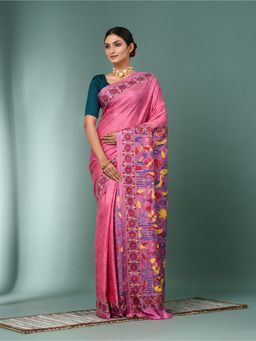 CHARUKRITI - Pink Kantha Stitch Silk Saree with Unstitched Blouse