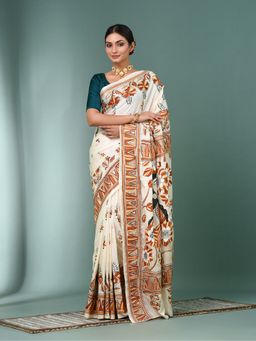 CHARUKRITI - Off White Kantha Stitch Silk Saree with Unstitched Blouse