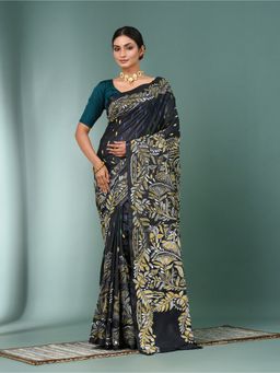 CHARUKRITI - Black Kantha Stitch Silk Saree with Unstitched Blouse