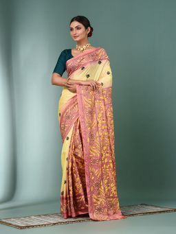 CHARUKRITI - Yellow Kantha Stitch Silk Saree with Unstitched Blouse