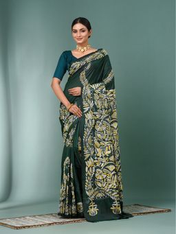 CHARUKRITI - Green Kantha Stitch Silk Saree with Unstitched Blouse