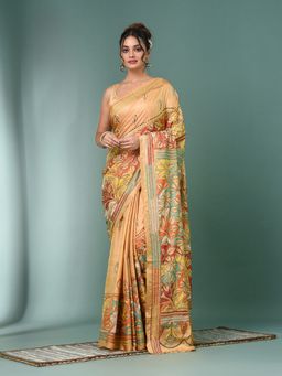 CHARUKRITI - Beige Kantha Stitch Silk Saree with Unstitched Blouse