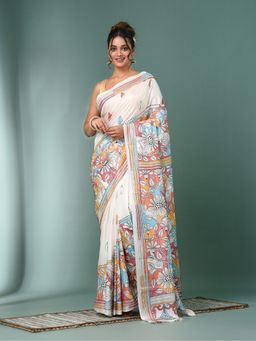 CHARUKRITI - White Kantha Stitch Silk Saree with Unstitched Blouse