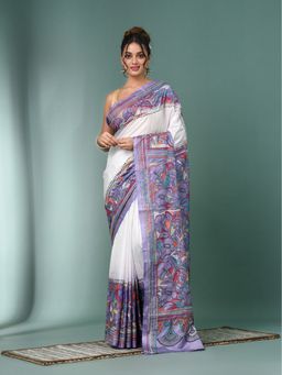 CHARUKRITI - White Kantha Stitch Silk Saree with Unstitched Blouse
