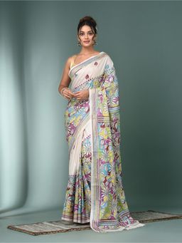 CHARUKRITI - White Kantha Stitch Silk Saree with Unstitched Blouse