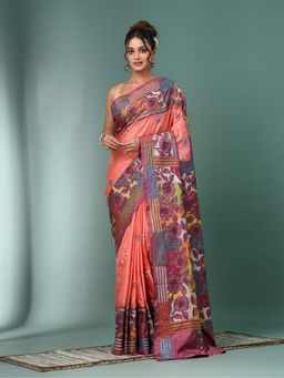 CHARUKRITI - Peach Kantha Stitch Silk Saree with Unstitched Blouse