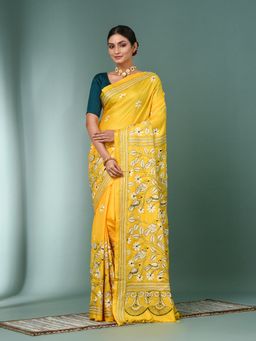 CHARUKRITI - Yellow Kantha Stitch Silk Saree with Unstitched Blouse
