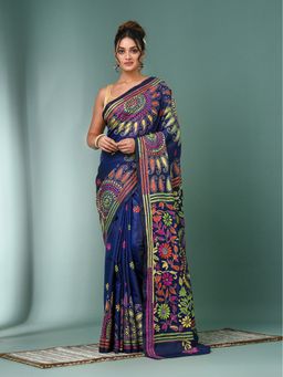 CHARUKRITI - Navy Blue Kantha Stitch Silk Saree with Unstitched Blouse
